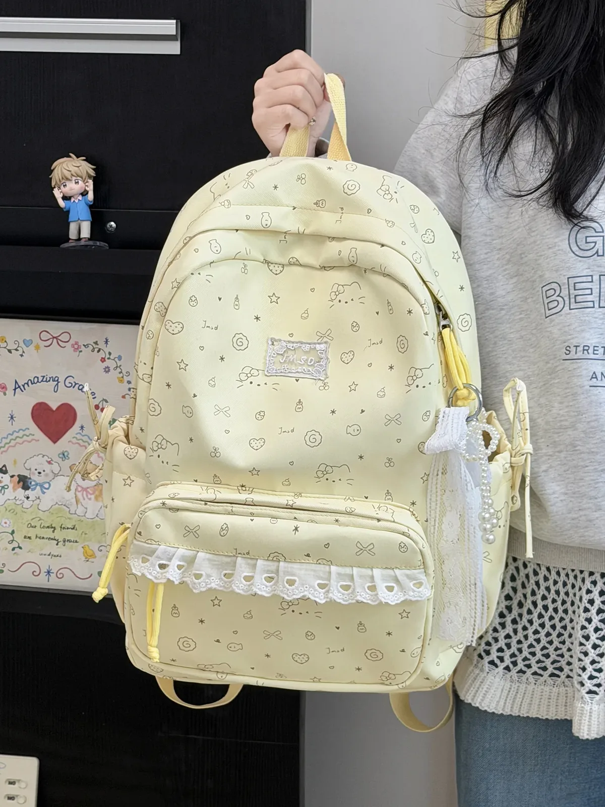 sacs à dos en dentelle pour femmes, 2 tailles, avec pendentifs perlés, sacs d'école imprimés de dessins animés mignons, mini sac à dos de voyage pour dames
