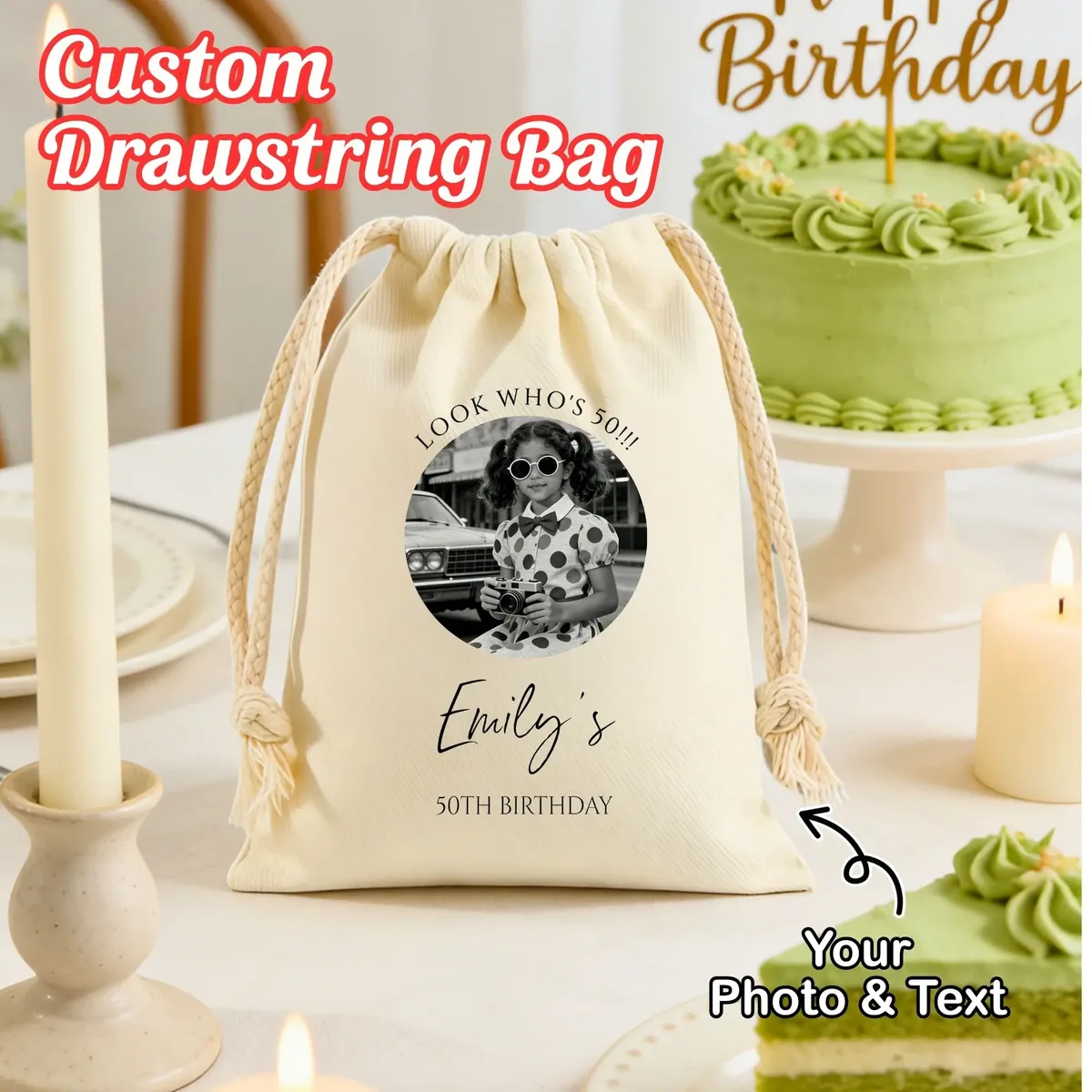 Sac à cordon personnalisable, sac de rangement pour photos personnalisé, cadeau d'anniversaire, cadeau de naissance, cadeau de voyage, cadeau pour les parents