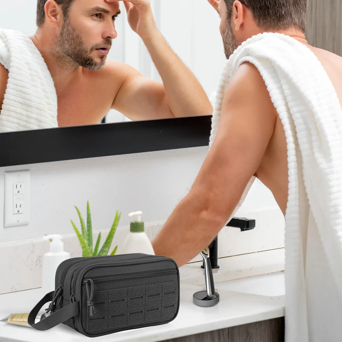 trousse de toilette tactique pour hommes, trousse d'hygiène, kit de rasage, douche de voyage, pochette de maquillage, sacs de rangement de cosmétiques