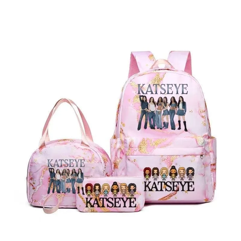 sacs à dos katseye à imprimé amusant avec sacs à lunch, multi-poches, camouflage, pour adolescents, sac à dos de voyage pour ordinateur portable, sac d'école pour femmes, mochila