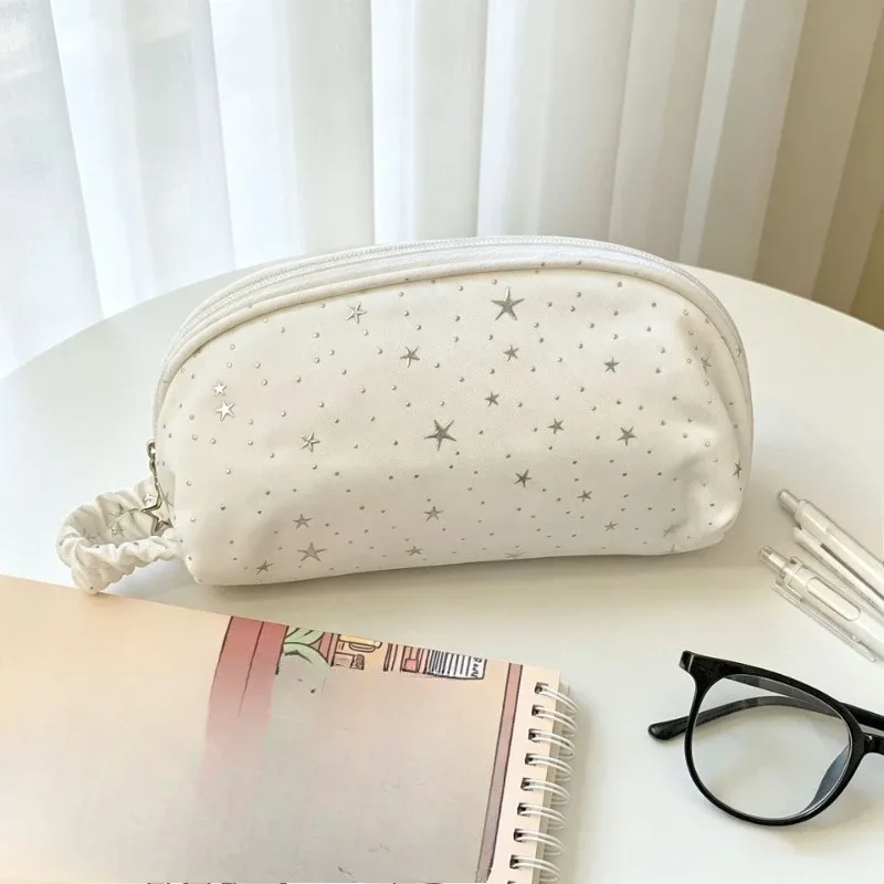 trousse de maquillage coréenne pour fille, motif étoile à pois, mignonne, grande capacité, pochette cosmétique, trousse à crayons pour étudiant, sac de rangement portable pour papeterie