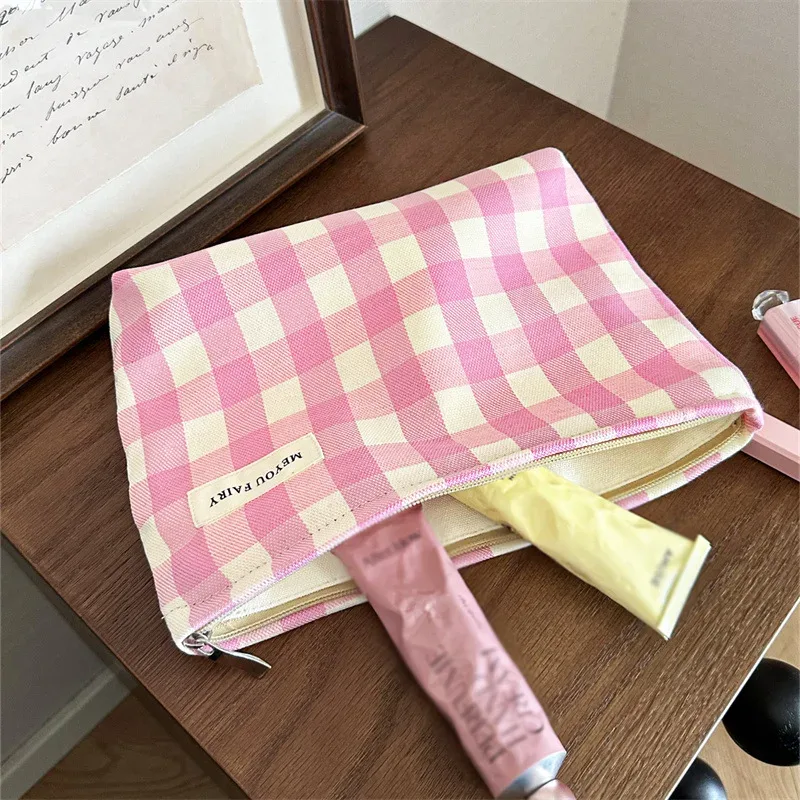nouvelle trousse de toilette rose et bleue à carreaux, souple, pliable, grande capacité, sac cosmétique à motif écossais, pochette de rangement de maquillage de voyage, portable avec fermeture éclair