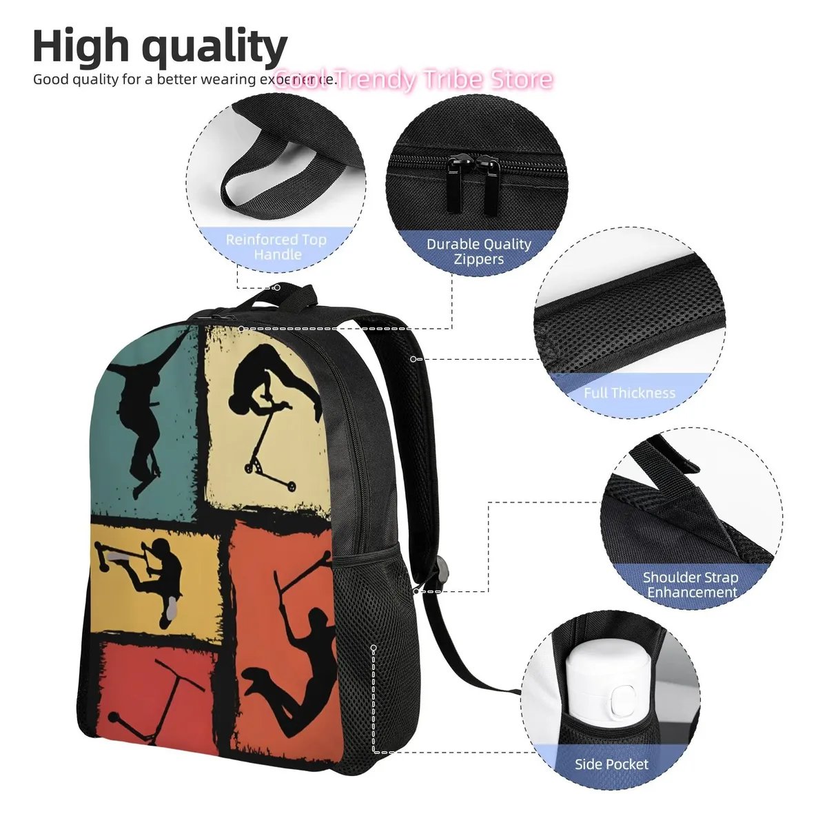 trucs quotidiens pour une trottinette freestyle, accompagnés d'un sac à dos décontracté au design plat et élégant, parfait pour stro