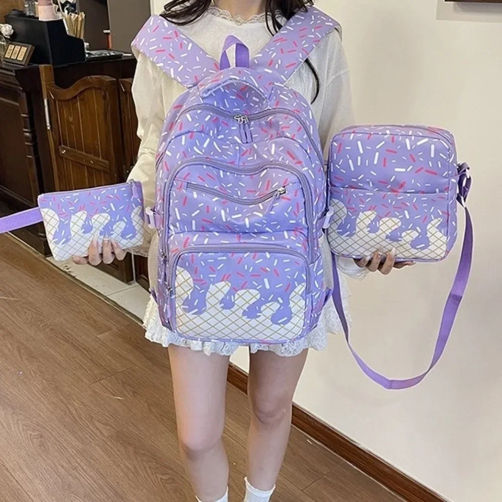 ensemble de sacs à dos en tissu oxford imprimé crème glacée avec trousse à crayons, sac à dos de grande capacité avec sac bandoulière et sac fourre-tout assorti.