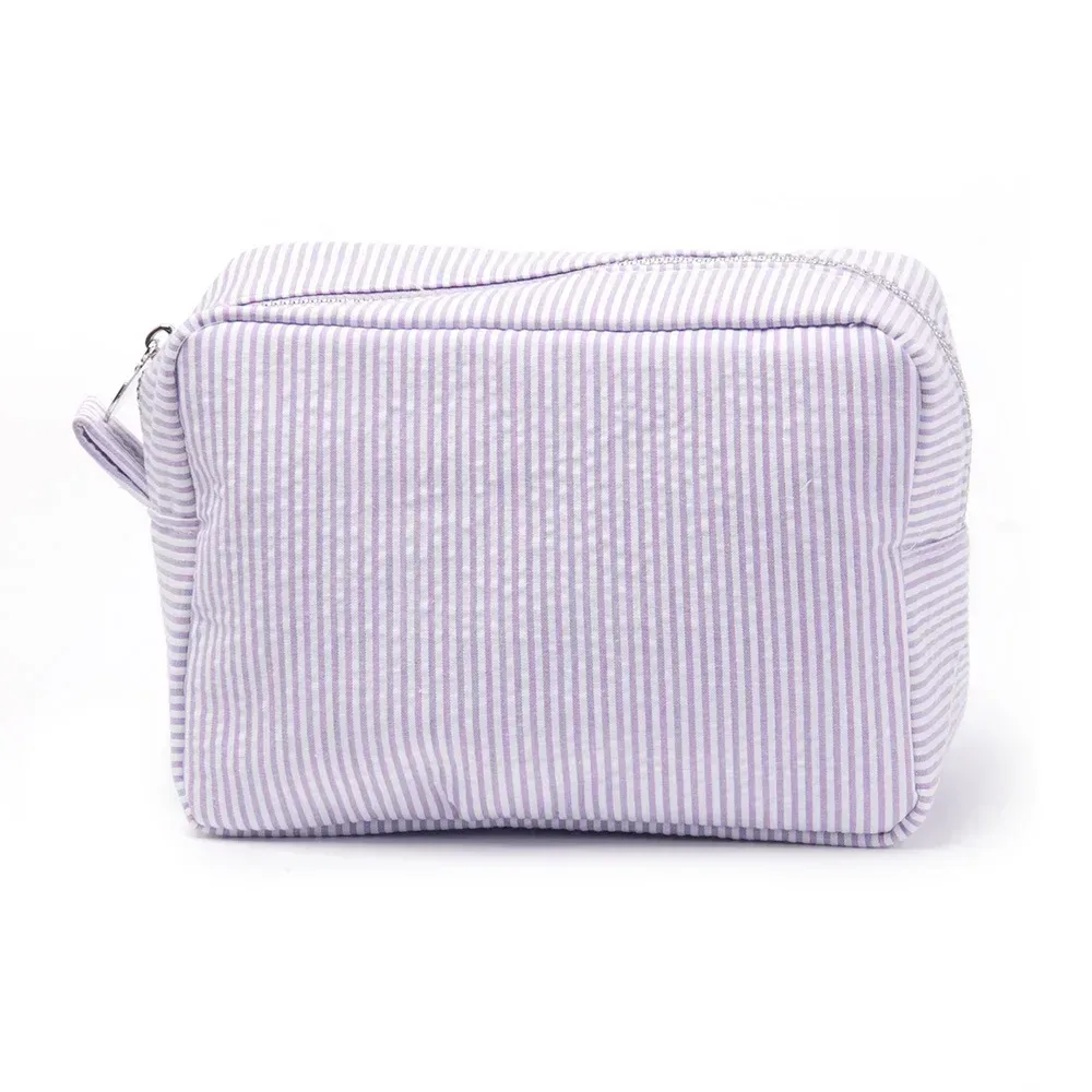 seersucker – sacs à cosmétiques à volants, sacs de rangement à rayures roses/violettes pour femmes, sac de voyage avec fermeture éclair, trousse de maquillage
