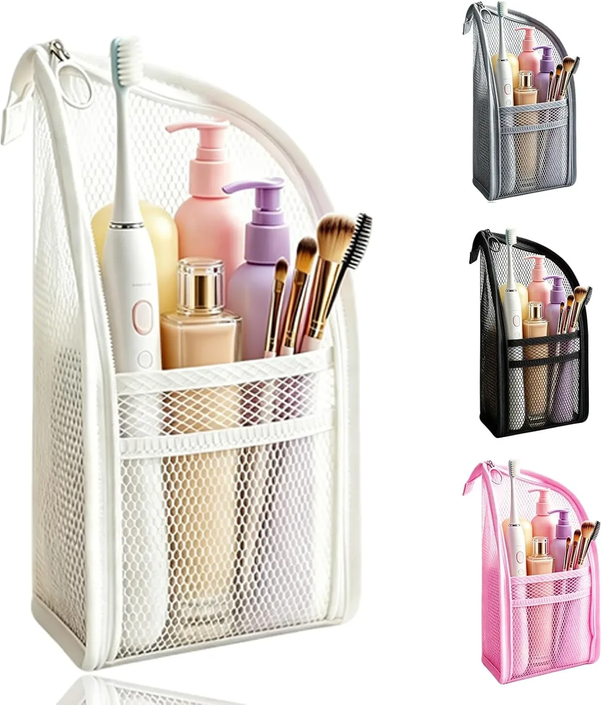 Sac de maquillage de voyage pliable, organiseur de cosmétiques étanche de grande capacité avec pochette en filet et porte-brosse à dents, rangement portable