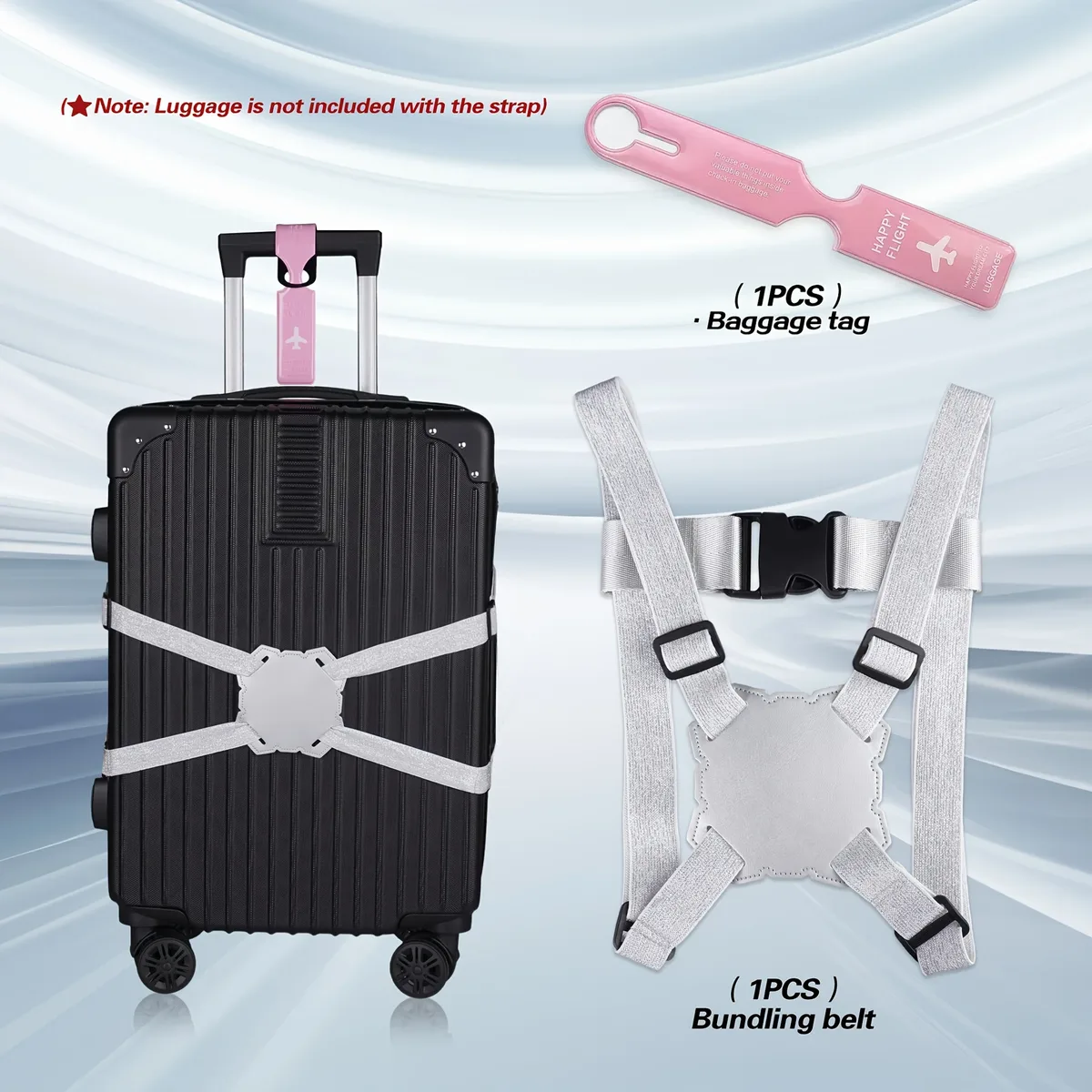ensemble de 2 sangles de bagage + étiquette de bagage, disponible en 5 couleurs, sangle de fixation de bagages de voyage avec attache de sécurité en forme de 8, corde élastique antidérapante, sangle de fixation de bagages, étiquette de bagage pour bagages à main, étiquette d'identification anti-perte pour bagages de voyage, étiquette d'embarquement pour avion, étiquette de bagage en pvc