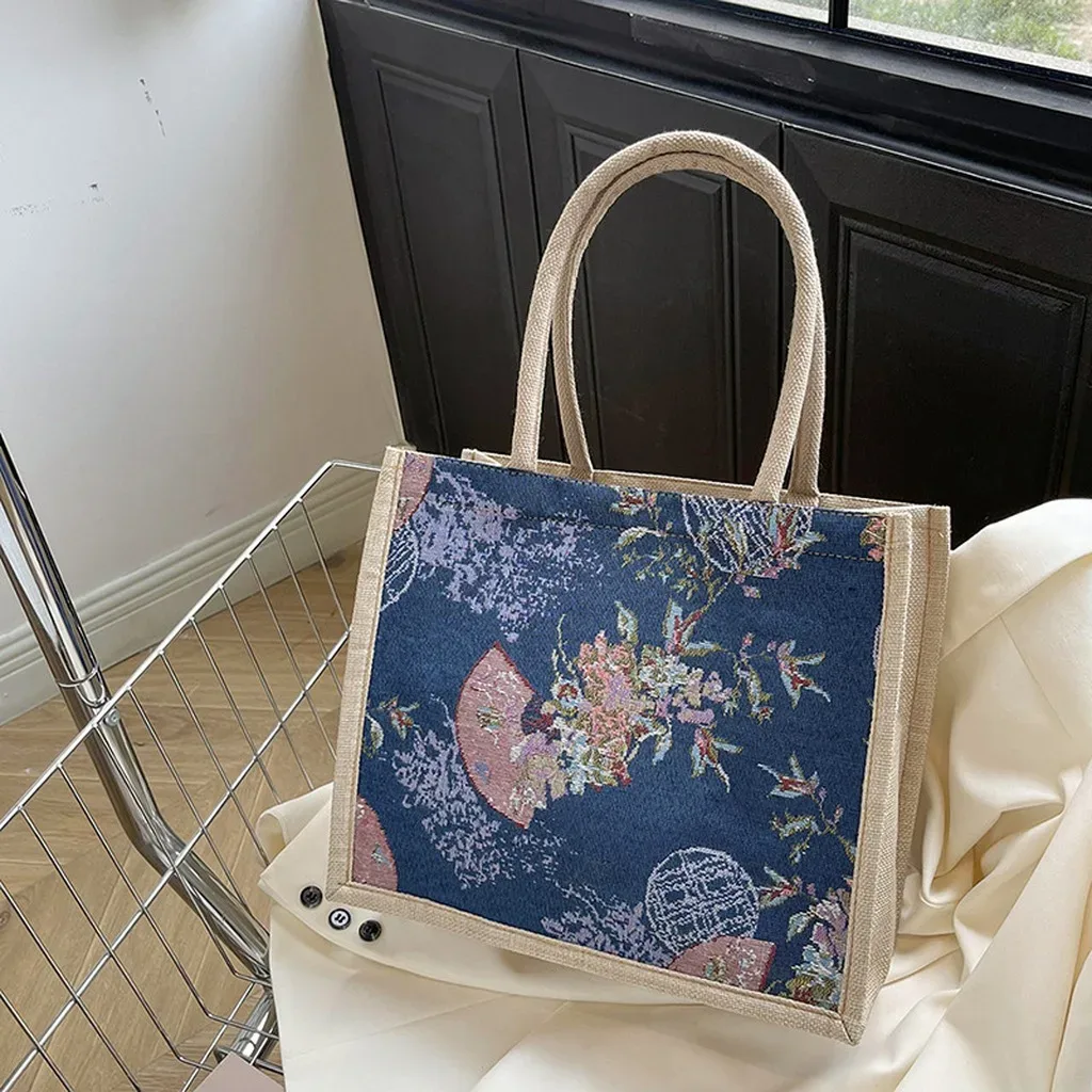 sac fourre-tout en lin élégant pour les trajets quotidiens, sac à main de grande capacité, sac fourre-tout chinois léger pour les rendez-vous, l'école et les trajets quotidiens