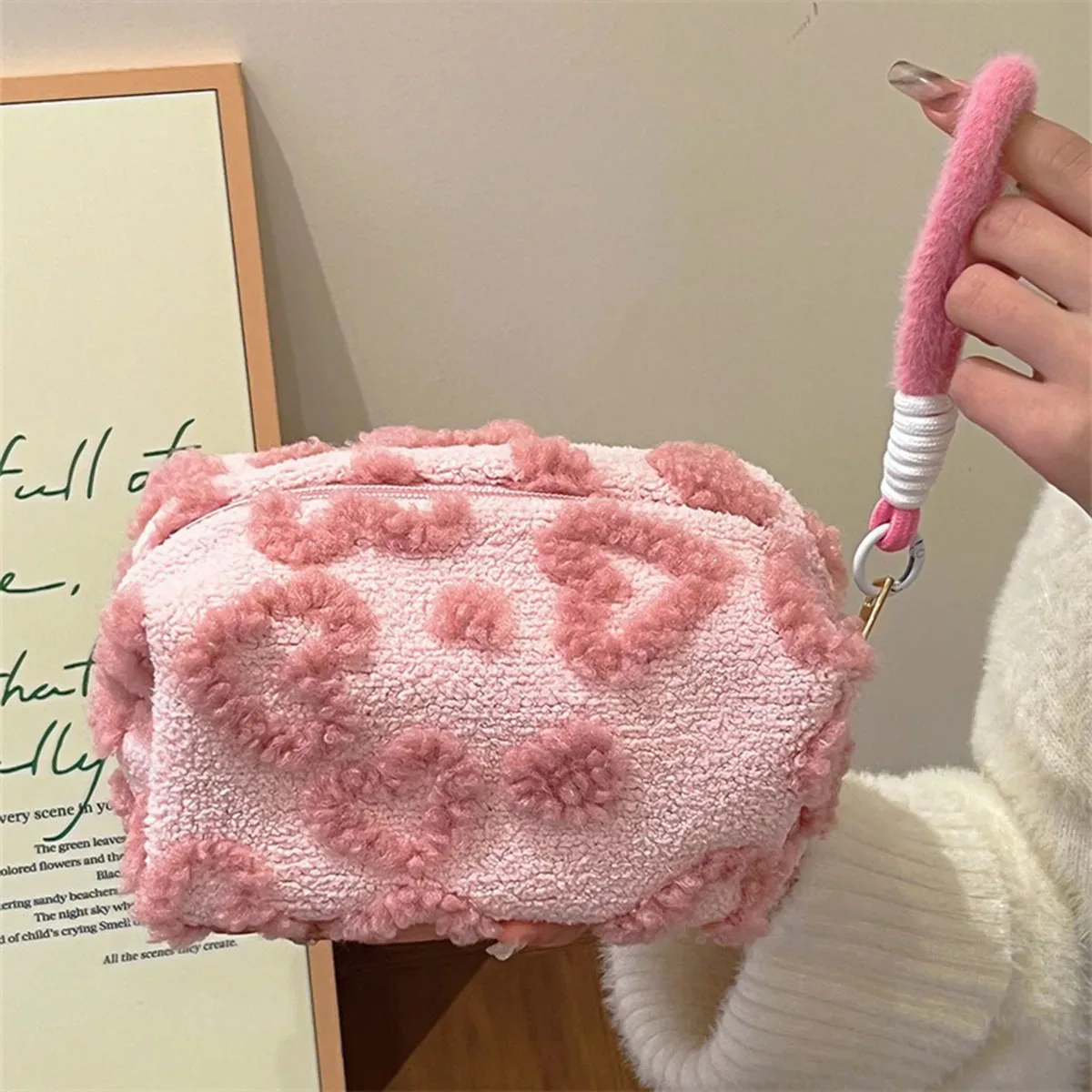 sacs à maquillage en peluche avec poignée, sac de rangement cosmétique de voyage doux, organiseur portable imprimé cœur, trousse à crayons, pochette mignonne