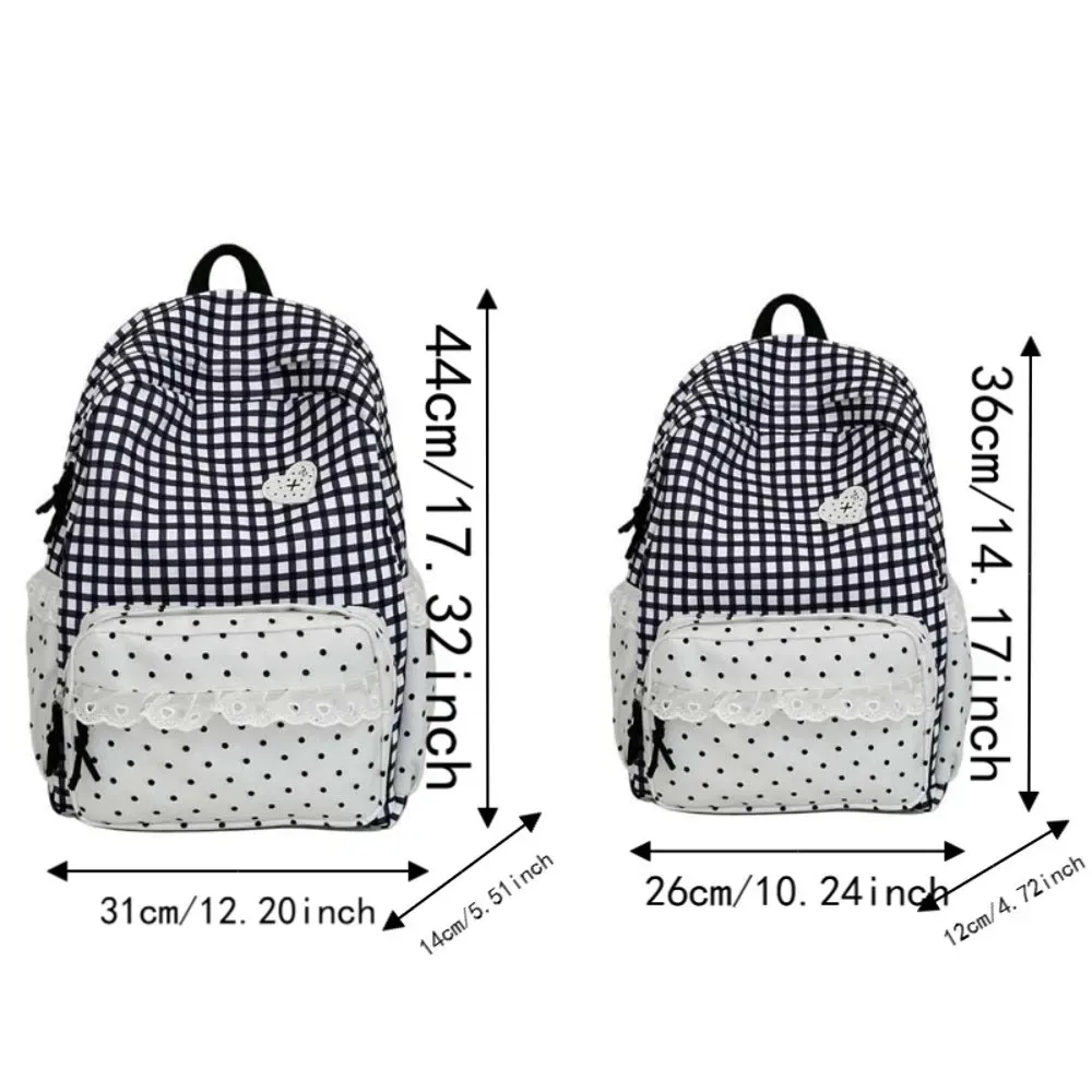 sac à dos en tissu vichy de style coréen, couleurs pastel, design à volants, sac d'école en dentelle, bretelles réglables, sac à dos à pois et à carreaux pour les voyages quotidiens.