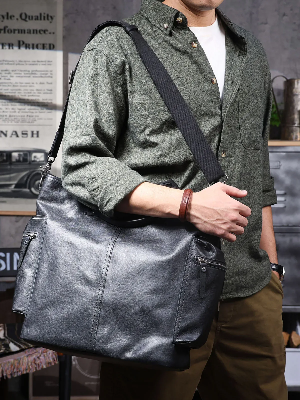 sac à main pour ordinateur portable en cuir de vache noir, grande capacité, pour homme, fabriqué à la main par des designers, en cuir véritable, style business décontracté.