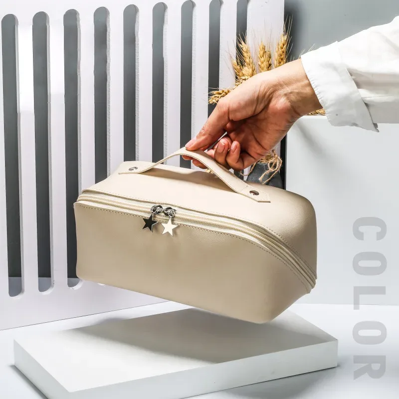 sac à cosmétiques de voyage de grande capacité pour femme, trousse de toilette multifonction, sac à main étanche, portable, poudres de maquillage en cuir