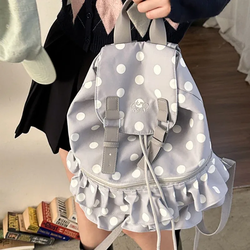 sac à dos coréen à pois grande capacité, sac d'école mignon pour fille, sac de voyage décontracté avec rabat à volants, sacoche pour ordinateur portable
