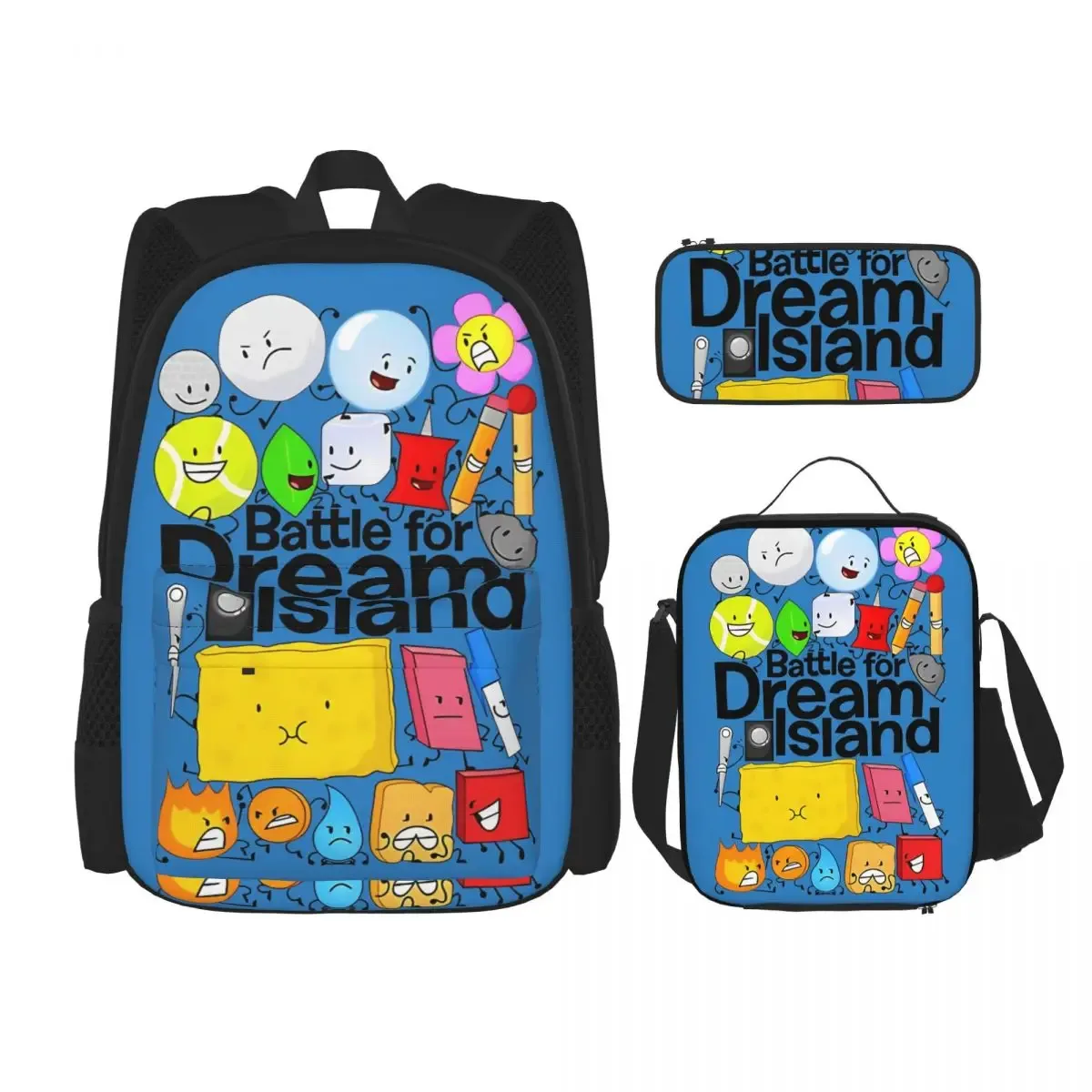 bfdi bfb et tpot bataille pour dream island dessin animé 3pecs/ensemble sac à dos pour adolescent ordinateur portable sac à bandoulière sac à déjeuner trousse à crayons