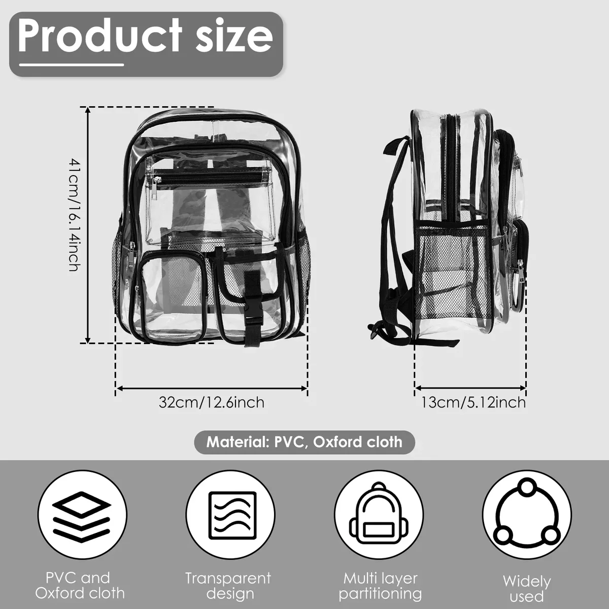 sac à dos transparent en pvc multi-poches, avec bretelles élargies, grande capacité, sac à dos de sport tendance pour étudiants