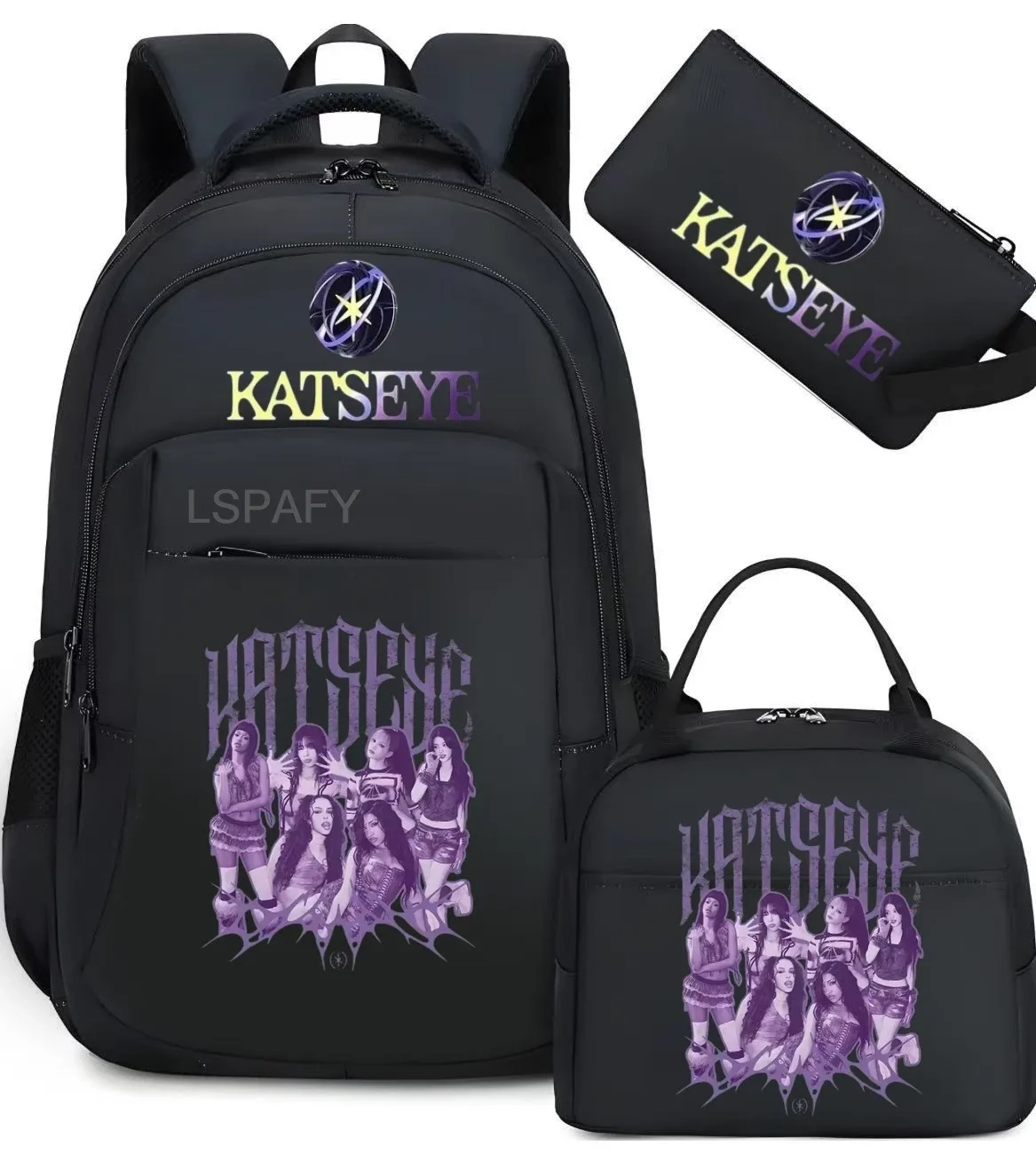 sacs d'école imprimés fashion katseye, ensemble de 3 pièces, sac à dos pour l'école primaire, garçons et filles, sac à dos de sport avec sac à lunch et trousse à crayons