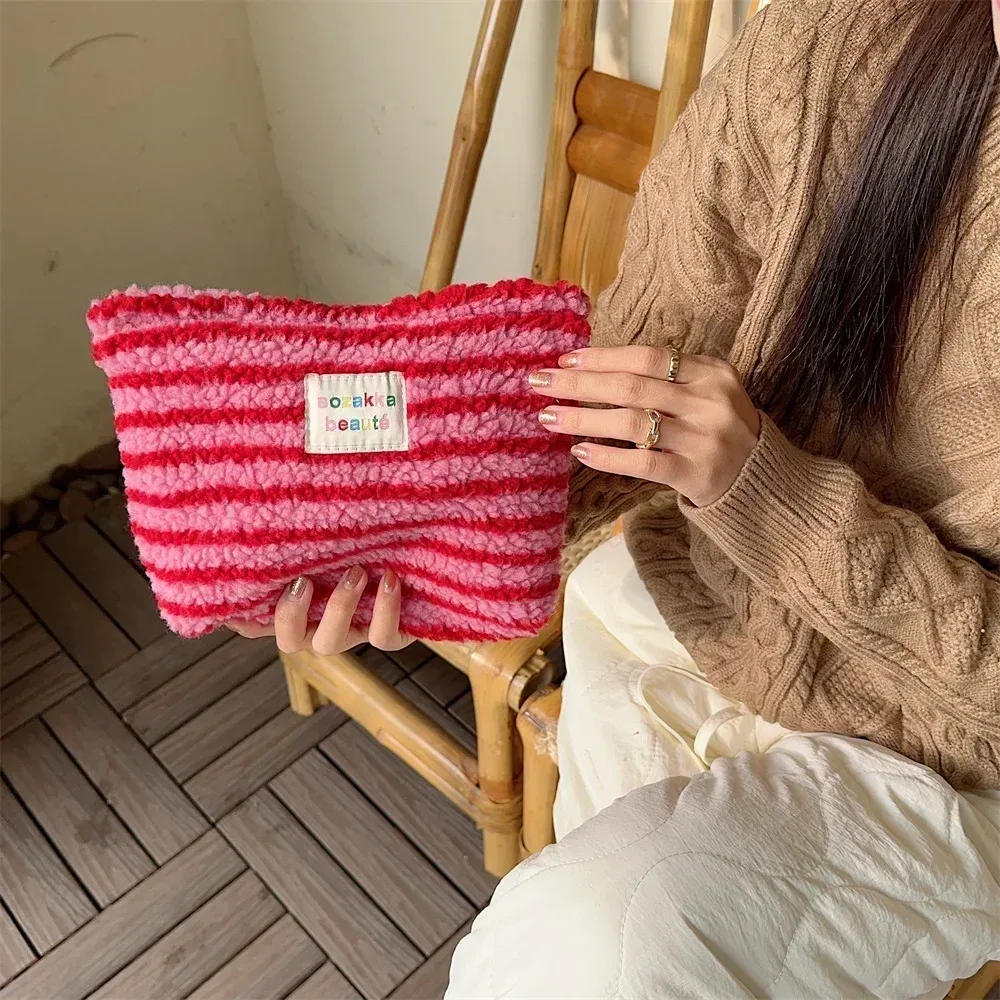 pochette rétro rayée pour femmes, sac à cosmétiques, trousse de toilette en peluche, sacs de maquillage, pochette de maquillage, étui de voyage, organisateur de cosmétiques