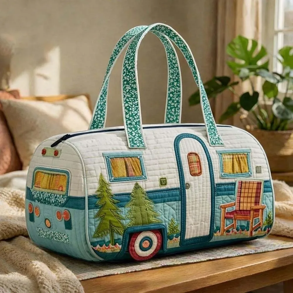 sac de voyage matelassé en éponge à grande capacité, imprimé bus, style rétro, forme de bus, fermeture éclair durable.