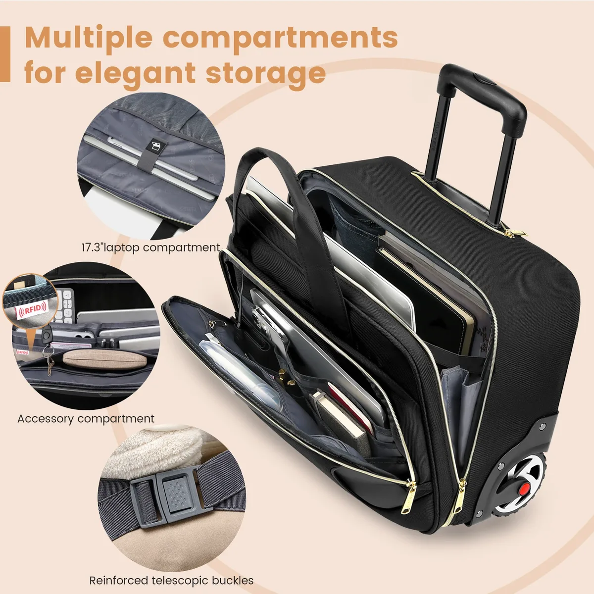 porte-documents roulant de 18 pouces, mallette pour ordinateur portable de grande capacité, sac à bagages à roulettes adapté aux voyages d'affaires et au travail, étanche