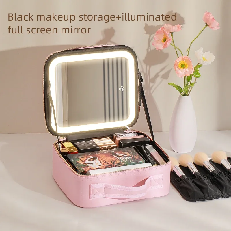 trousse de voyage pour maquillage avec miroir éclairé par led, 3 réglages réglables de couleur, trousse de maquillage de voyage avec séparateurs réglables,
