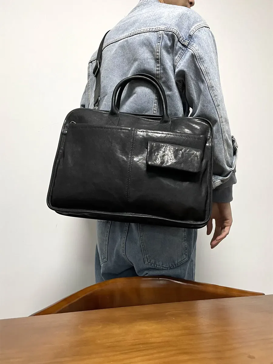 porte-documents de luxe en cuir véritable pour hommes, porte-documents d'affaires décontracté, fait à la main, mode première couche en peau de vache, sacs à main pour ordinateur portable de grande capacité