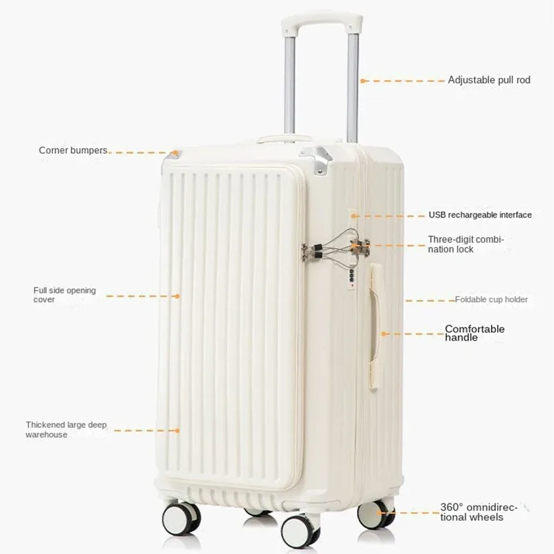 valise à ouverture latérale avec porte-gobelet usb, valise épaisse et durable, grande capacité, valises de voyage 36 pouces, 20/26/30/32 pouces