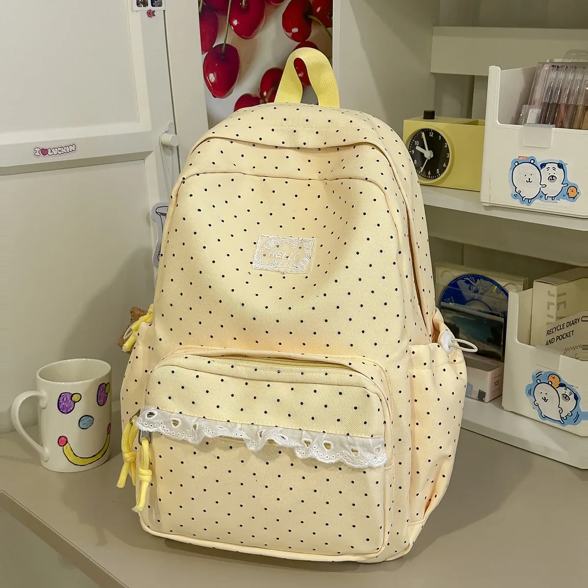 sac à dos en nylon style preppy avec dentelle à pois, sac de voyage léger et décontracté pour étudiante, idéal pour les trajets quotidiens
