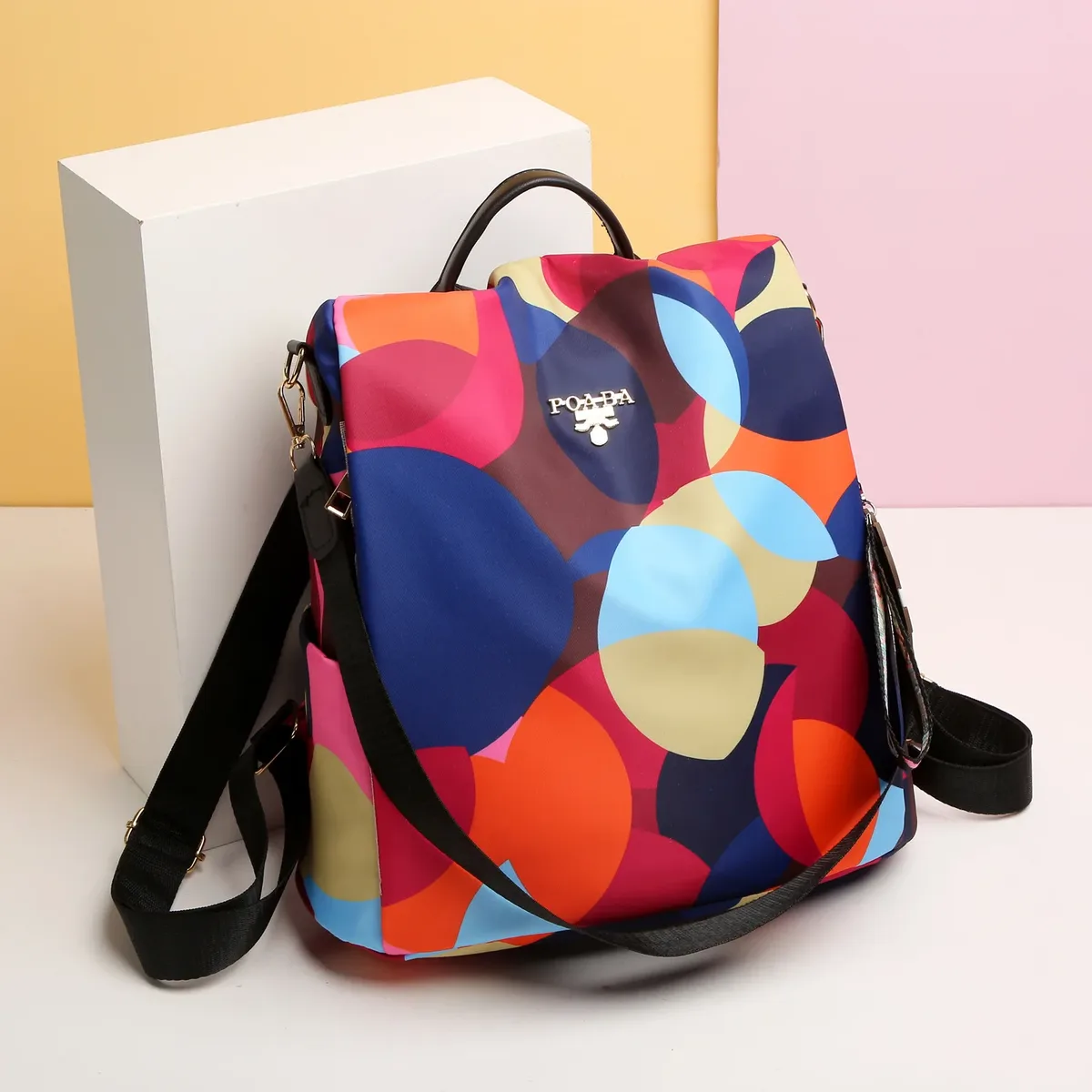 sac à dos en tissu oxford pour femmes, motif circulaire coloré, imperméable, antivol, sacs à dos polyvalents pour voyage/école/usage quotidien