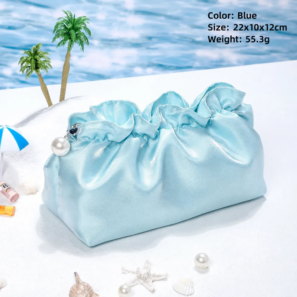 trousse de toilette de voyage pour femme grande capacité en soie satinée, pochette cosmétique plissée effet nuage, sac de maquillage portable, pochette de rangement pour soins de la peau
