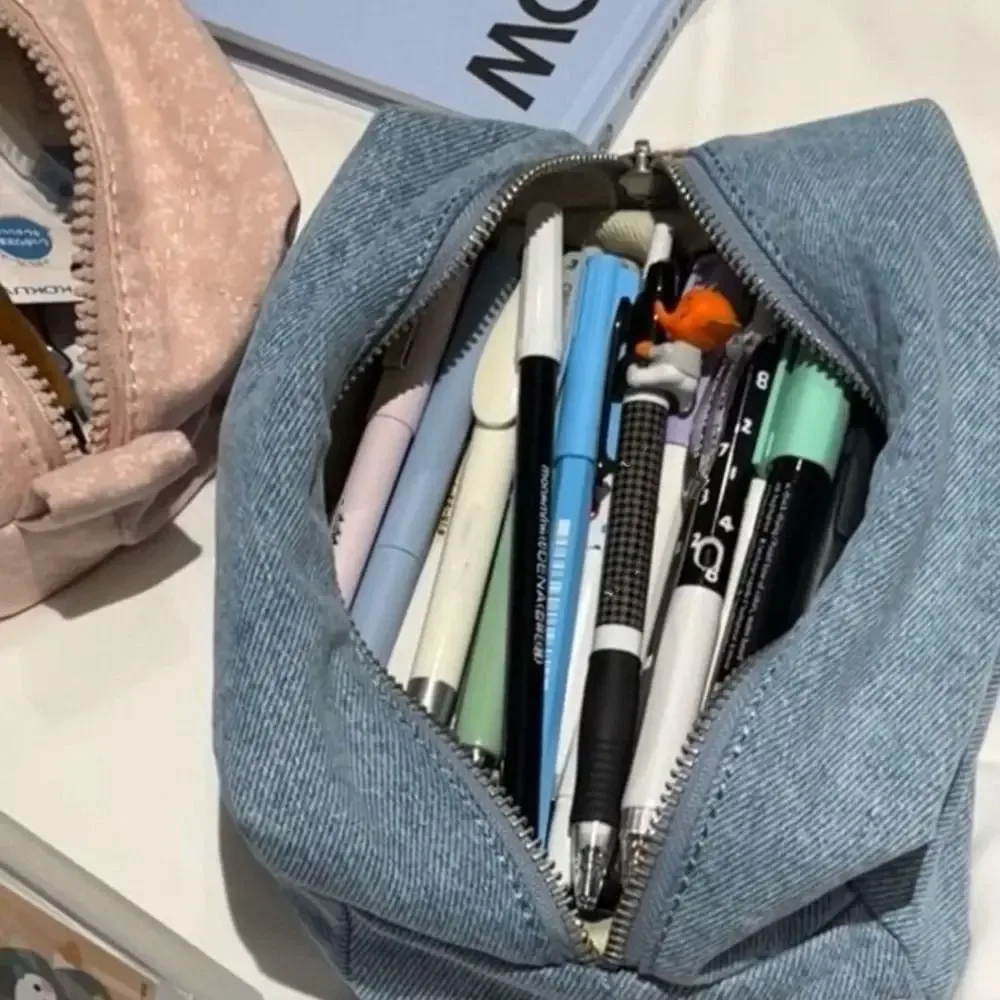 sac de maquillage en denim bleu de couleur unie, sacs à cosmétiques en jean à fermeture éclair de style coréen, organisateur de voyage vintage, sac de rangement de papeterie