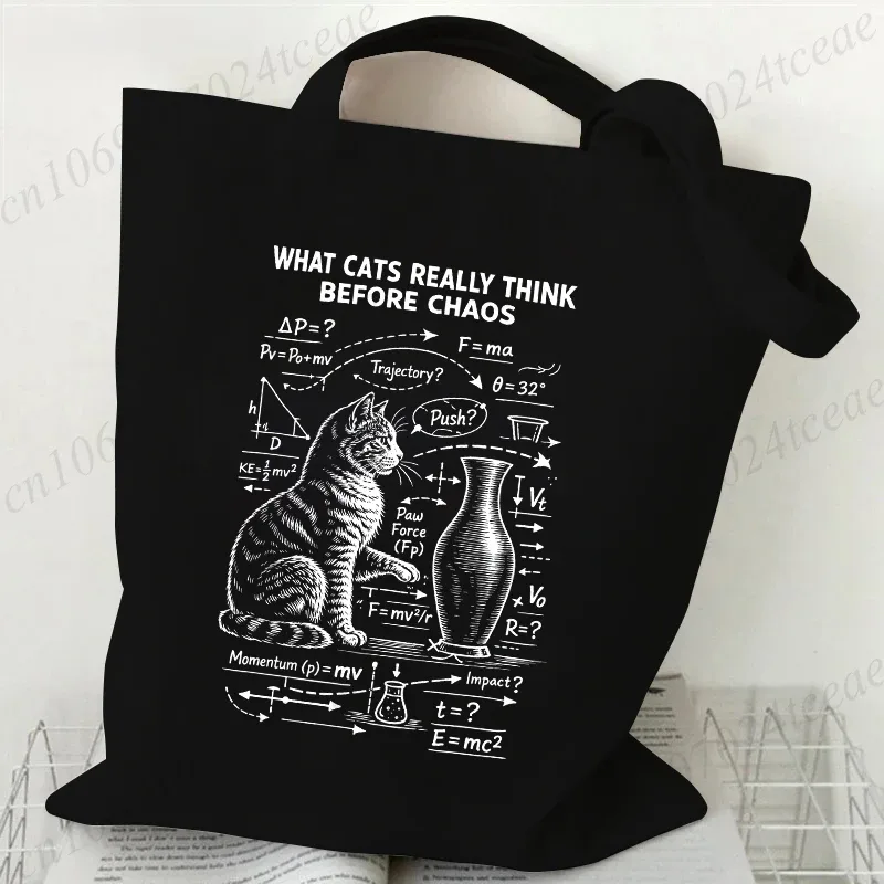 sac fourre-tout en toile imprimé chat physique amusant, sac à main réutilisable chat mathématique humour scientifique, sacs à bandoulière décontractés pour le shopping