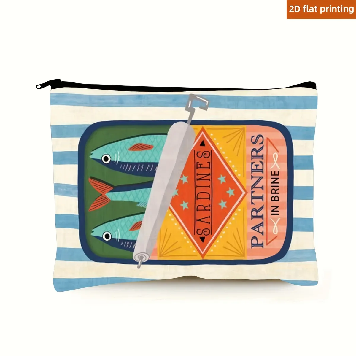 trousse de maquillage graphique sardine partners – pochette de voyage en lin beige, pliable et légère avec fermeture à glissière