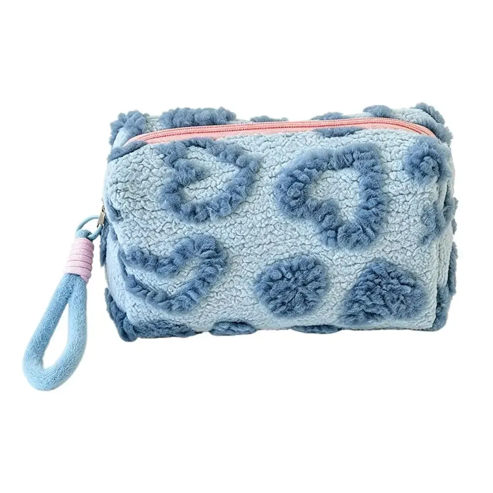pochette de maquillage kawaii moelleuse avec dragonne, motif cœur, trousse de toilette de voyage, sac de rangement pour cosmétiques et beauté
