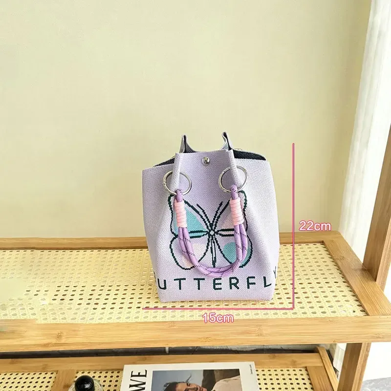 sac fourre-tout en tricot floral vintage papillon pour femme – polyester léger avec bretelles tissées réglables et anneaux en métal