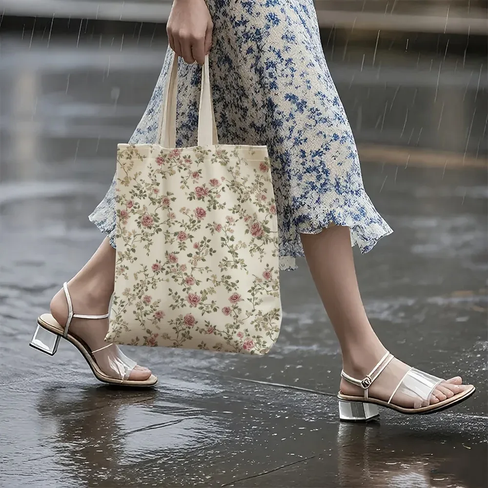 sac fourre-tout en toile à imprimé floral, adapté à un usage quotidien, aux courses, à l'école et aux voyages