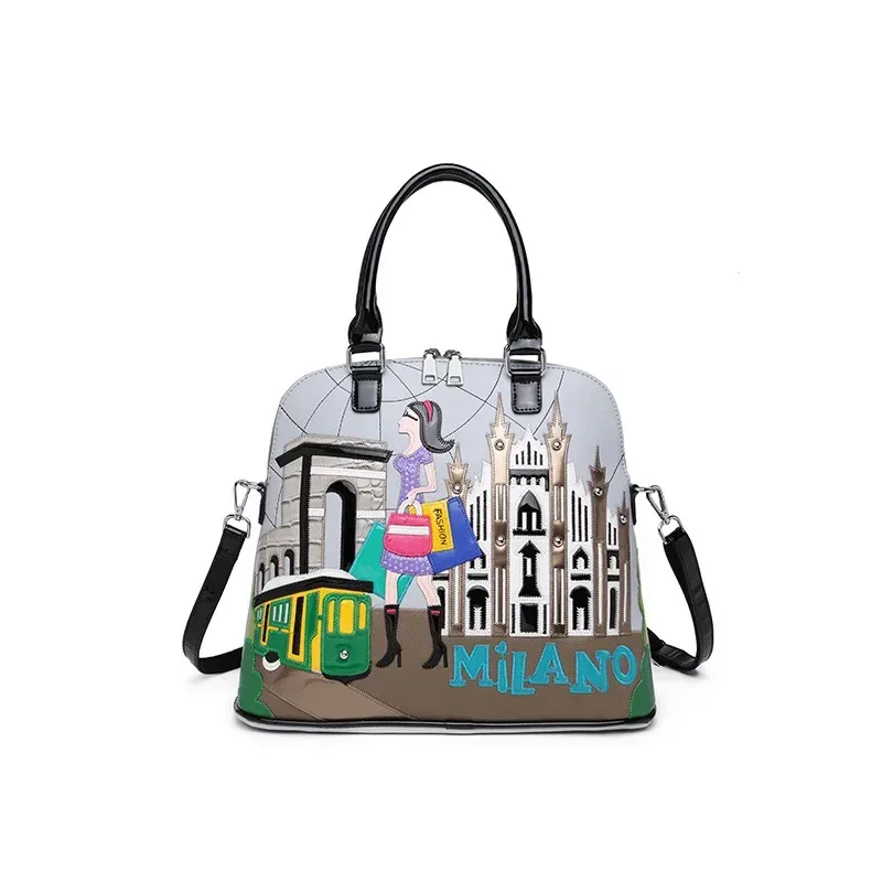 sac à dos en cuir avec broderie patchwork pour femme, cartable preppy, sac d'étudiant, sac de voyage, fourre-tout, style braccialini, dessin animé milan