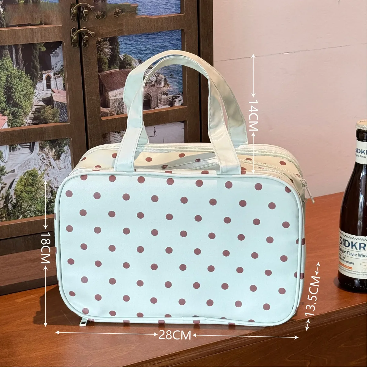 trousse de maquillage vert menthe à pois, grande capacité, compartiment à trois couches, sac de rangement étanche