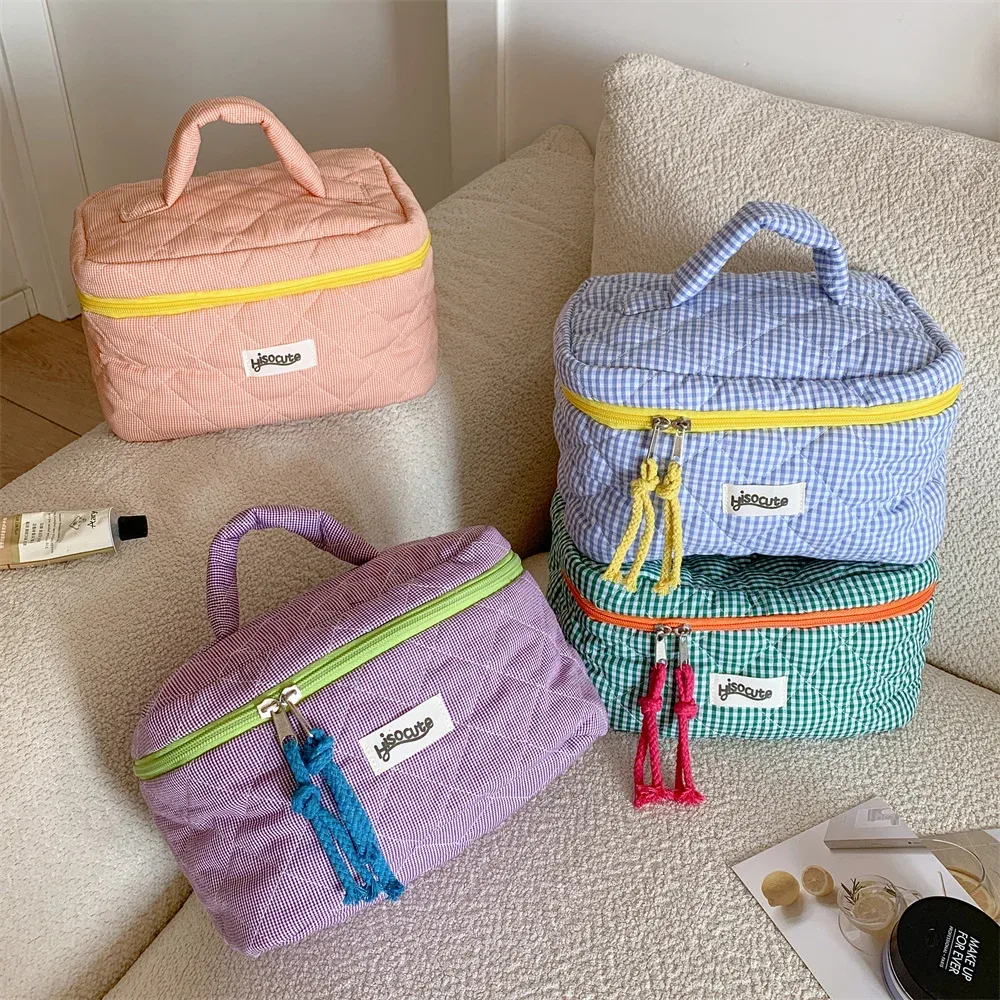 ensemble de trousses de toilette à carreaux, style simple, grande capacité, sac de rangement portable pour outils cosmétiques, pour la maison, la salle de bain