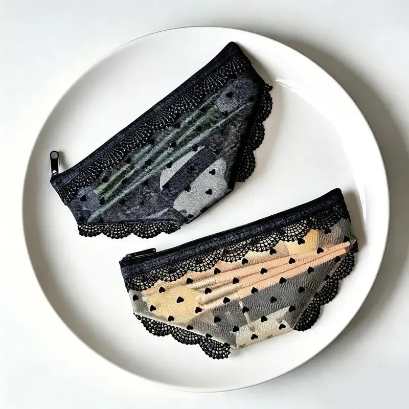 trousse de maquillage portable en dentelle et résille, format unique, avec fermeture éclair, pour cosmétiques, outils de beauté et articles de toilette, pochette de rangement ▪