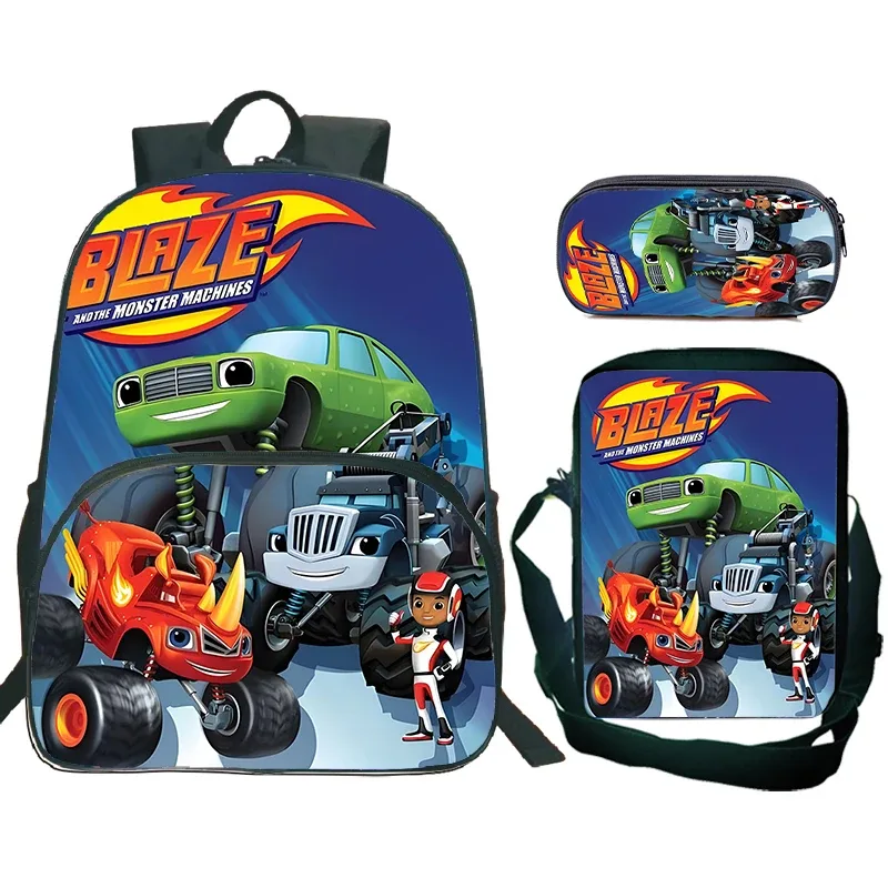 sac à dos blaze and the monster machines, 3 pièces, sac d'école pour enfants avec sacs à bandoulière, trousse à crayons, sac à dos blaze car pour garçons et filles