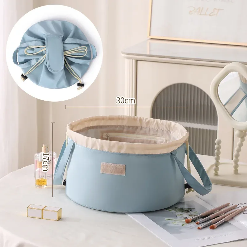 sac de maquillage portable grande capacité avec cordon de serrage, trousse de toilette de voyage, sac de rangement pour pinceaux cosmétiques tendance, en polyester, forme cubique