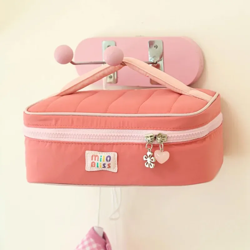 nouvelle trousse de maquillage et de soins de la peau portable de grande capacité, style coréen, trousse cosmétique à main, trousse de toilette de voyage mignonne avec blocs de couleurs