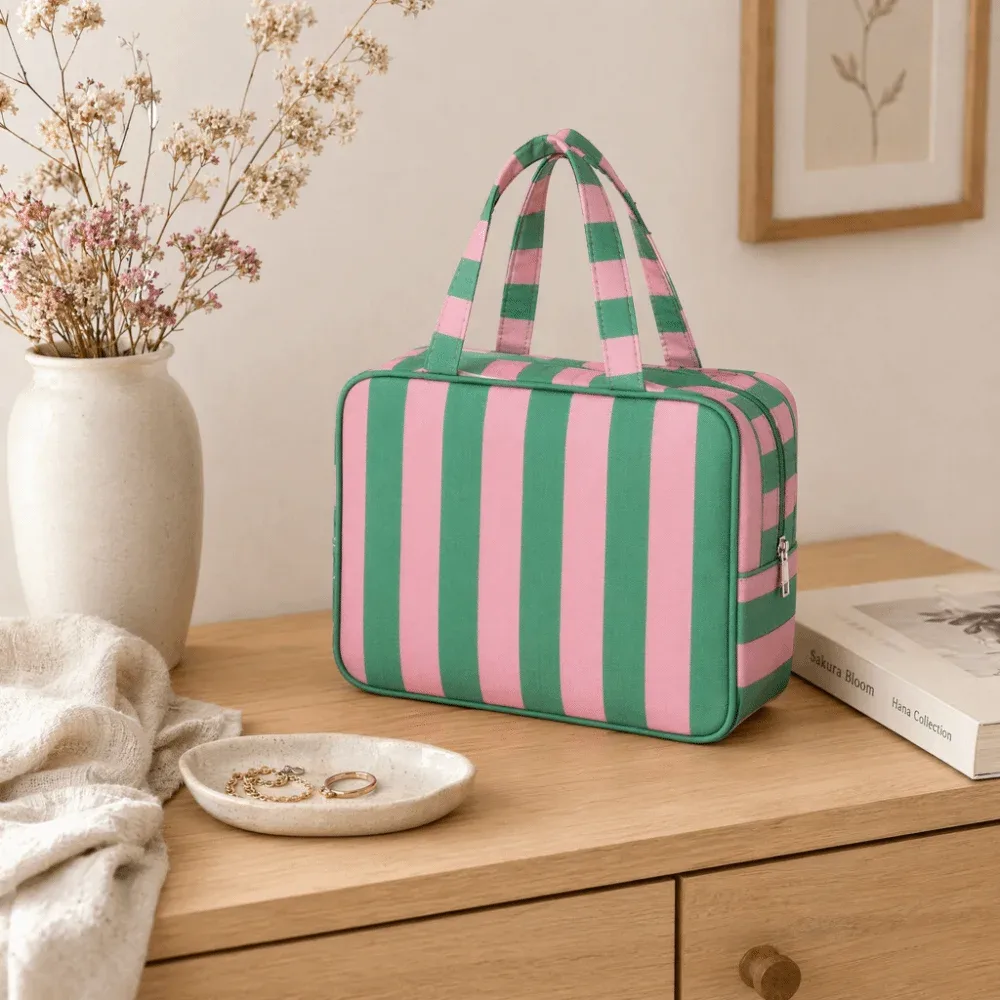 sac de rangement pour articles de toilette rayé grande capacité, pliable, multi-compartiments, sac de maquillage de voyage, pochette cosmétique durable et portable