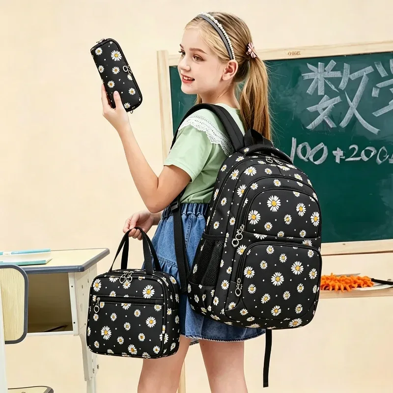 Sac à dos d'école à motif marguerite, trousse à crayons, sac à main, ensemble de trois pièces, tissu en nylon imperméable, sac à dos tendance pour garçons, filles et adolescents