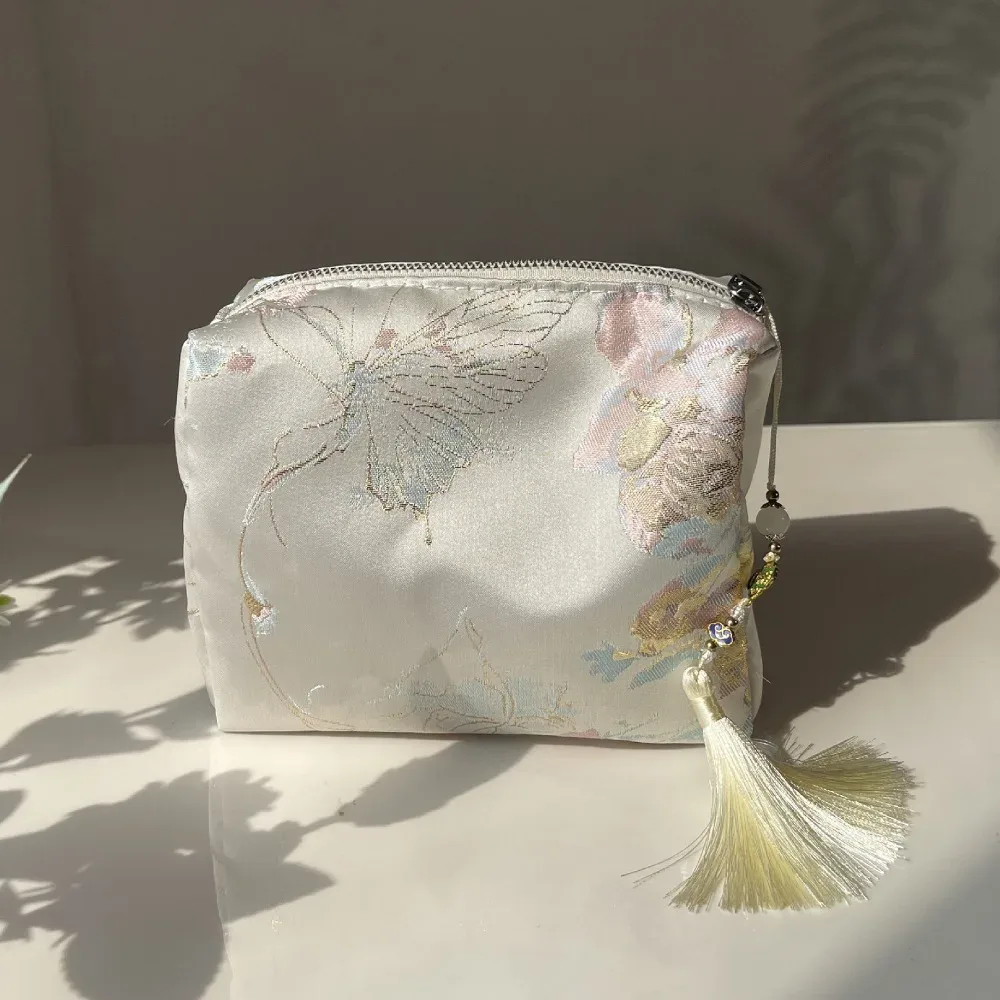 pochette cosmétique respirante en polyester, broderie florale style chinois, fermeture éclair, sac de rangement pour voyage