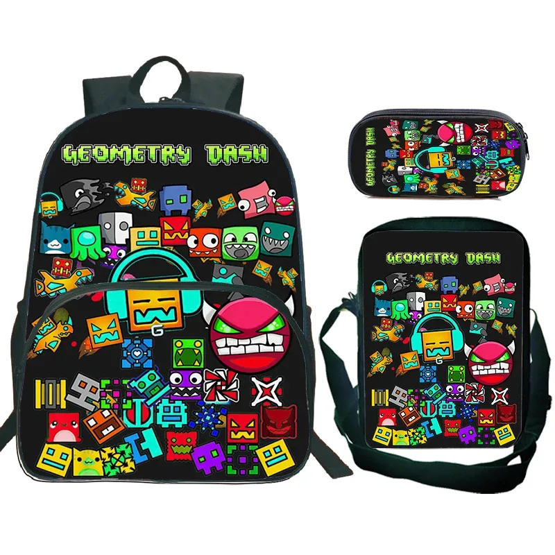 Ensemble de 3 sacs à dos Cartoon Geometry Dash pour garçons et filles, sac d'école de grande capacité, sac de voyage, sac à bandoulière pour enfants, sac à crayons