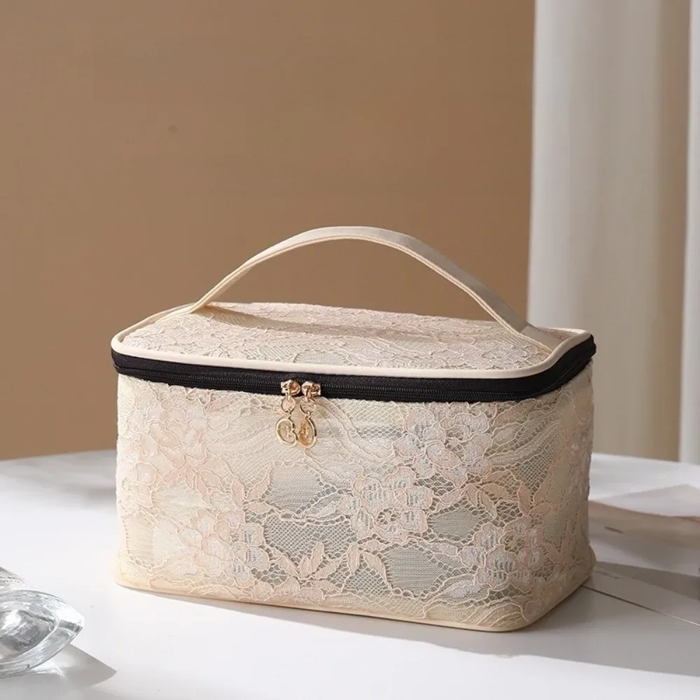 pochette de rangement en dentelle de couleur unie, sac de maquillage de grande capacité avec poignée, sac de rangement pour cosmétiques, trousse de toilette florale respirante pour femmes
