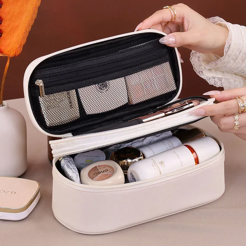 nouvelle trousse de maquillage grande capacité en cuir pu double couche, organisateur de cosmétiques de voyage, pochette de toilette pour essentiels de beauté femme