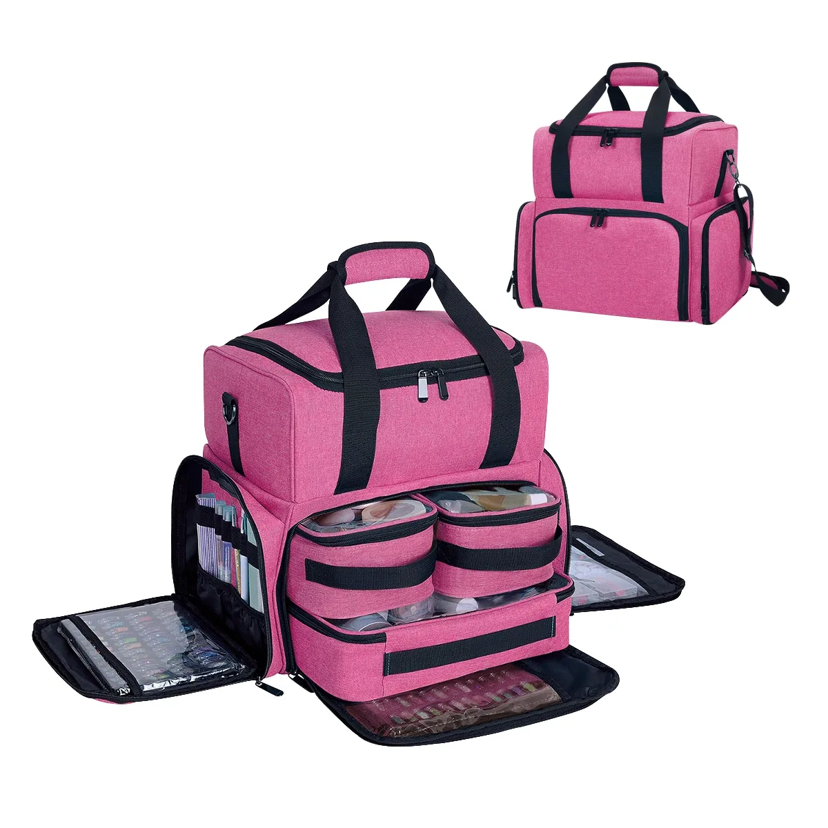 uozl trousse de maquillage double couche de grande capacité avec 3 pochettes amovibles et 2 compartiments amovibles avec bandoulière réglable