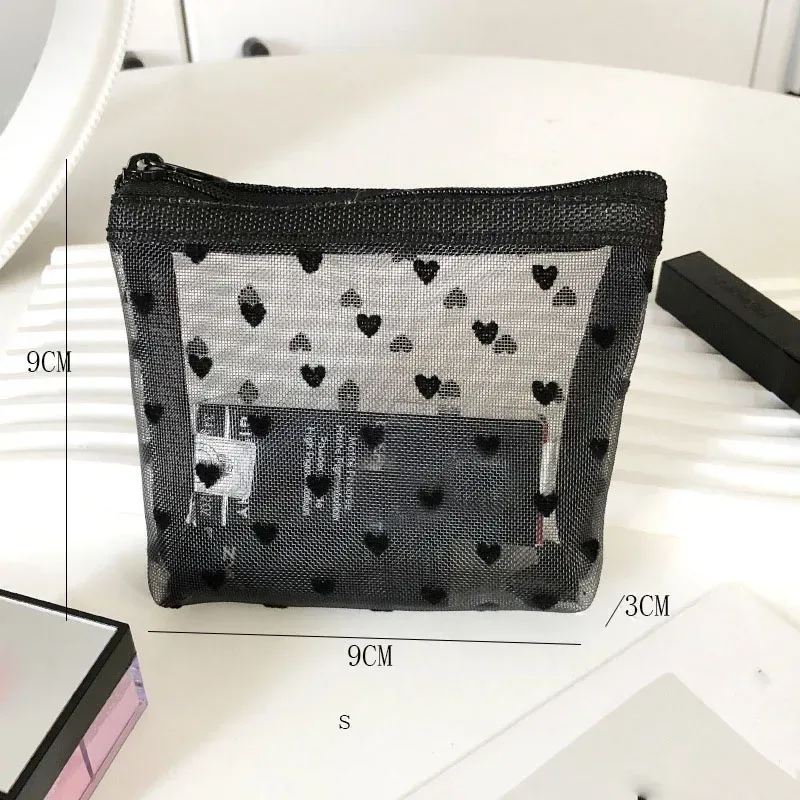 sacs de maquillage de lavage de toilette, trousse de maquillage en maille transparente noire, pochette de rangement, sac à cosmétiques de voyage pour femmes, fermeture éclair décontractée
